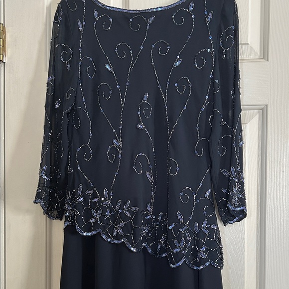 NWT JKARA Women’s Navy 3/4 Sleeve Jewel Neck Maxi Evening Sheath Dress, Size 12 - Picture 4 of 7
